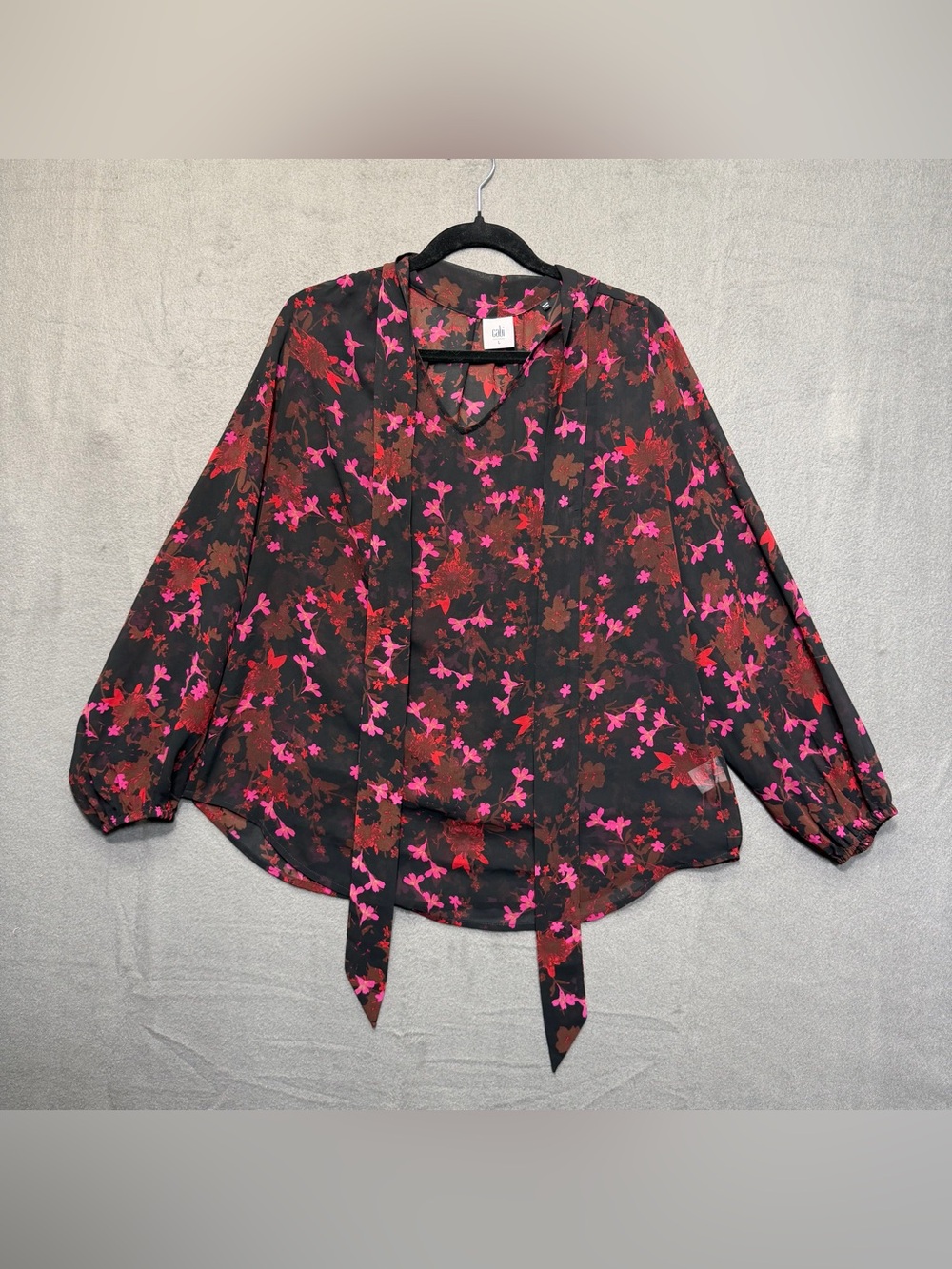 Cabi 3860 Womens Candlelight Blouse Sz large Black Pink red Floral Semi Sheer